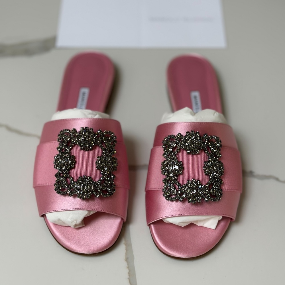 Manolo Blahnik Martamod Satin Jewel Buckled Slides